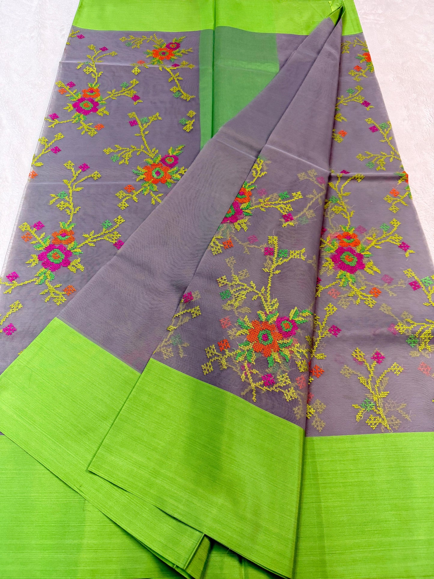Gray & Green Shade Kora Organza Embroidery Banarasi Saree