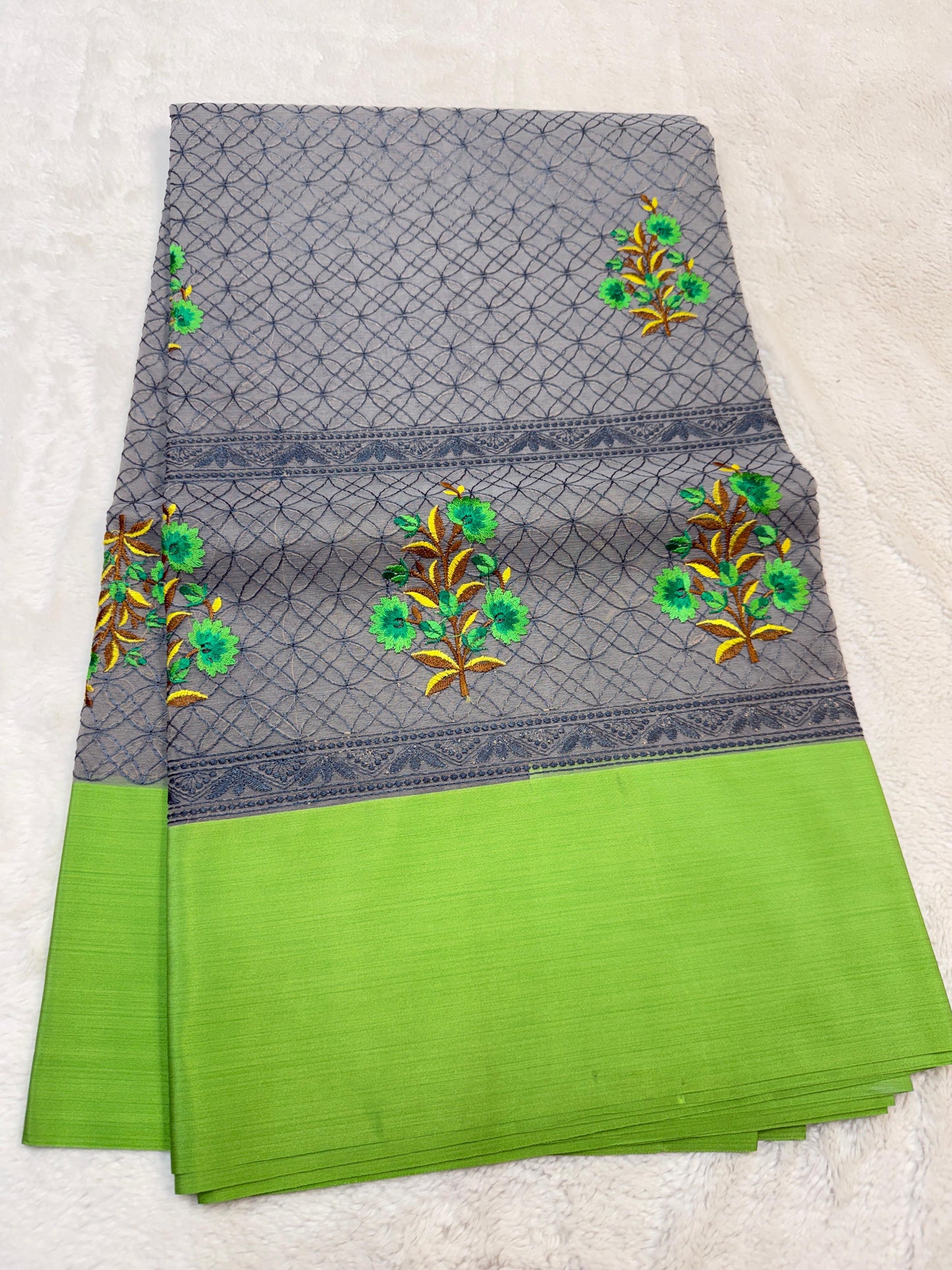 Gray & Green Shade Kora Organza Embroidery Banarasi Saree