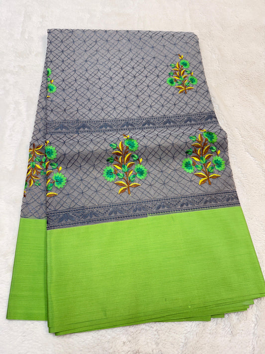 Gray & Green Shade Kora Organza Embroidery Banarasi Saree