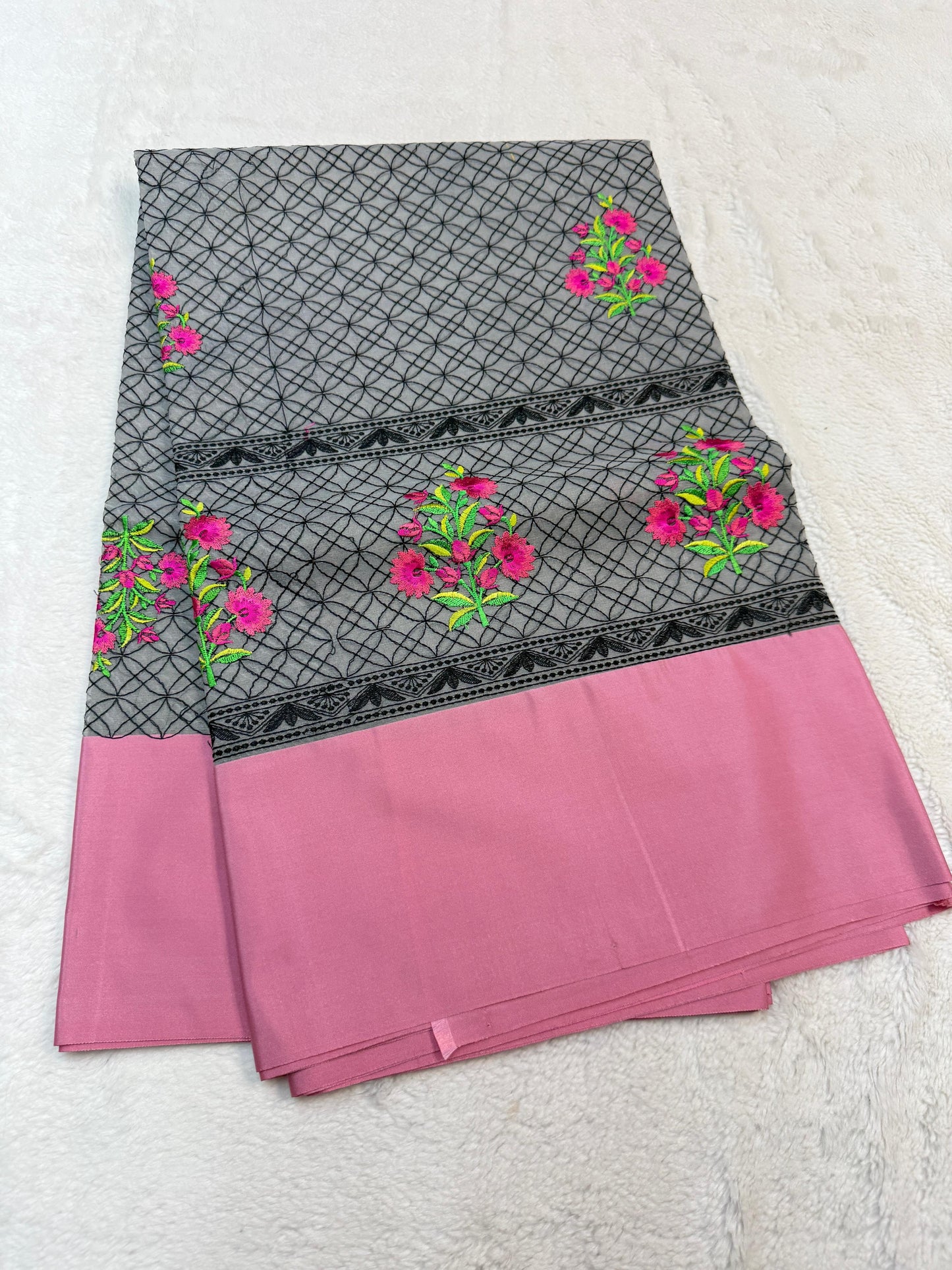 Gray & Pink Shade Kora Organza Embroidery Banarasi Saree