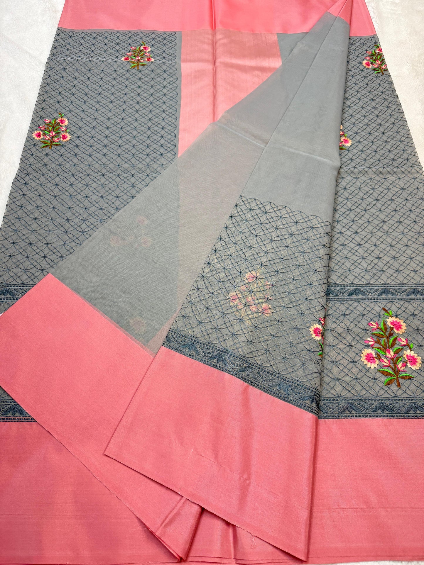 Gray & Pink Shade Kora Organza Embroidery Banarasi Saree