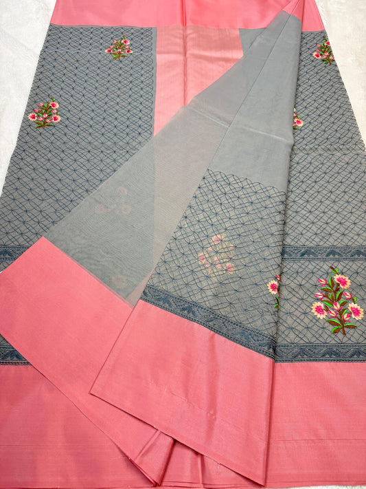 Gray & Pink Shade Kora Organza Embroidery Banarasi Saree