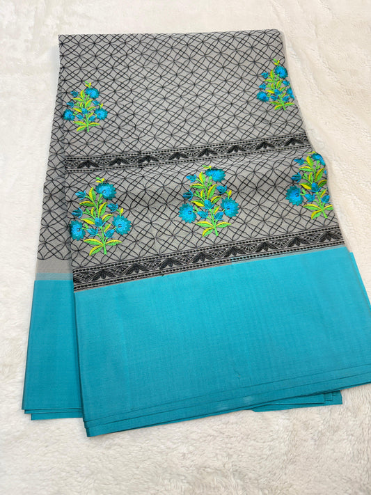 Gray & Blue Shade Kora Organza Embroidery Banarasi Saree
