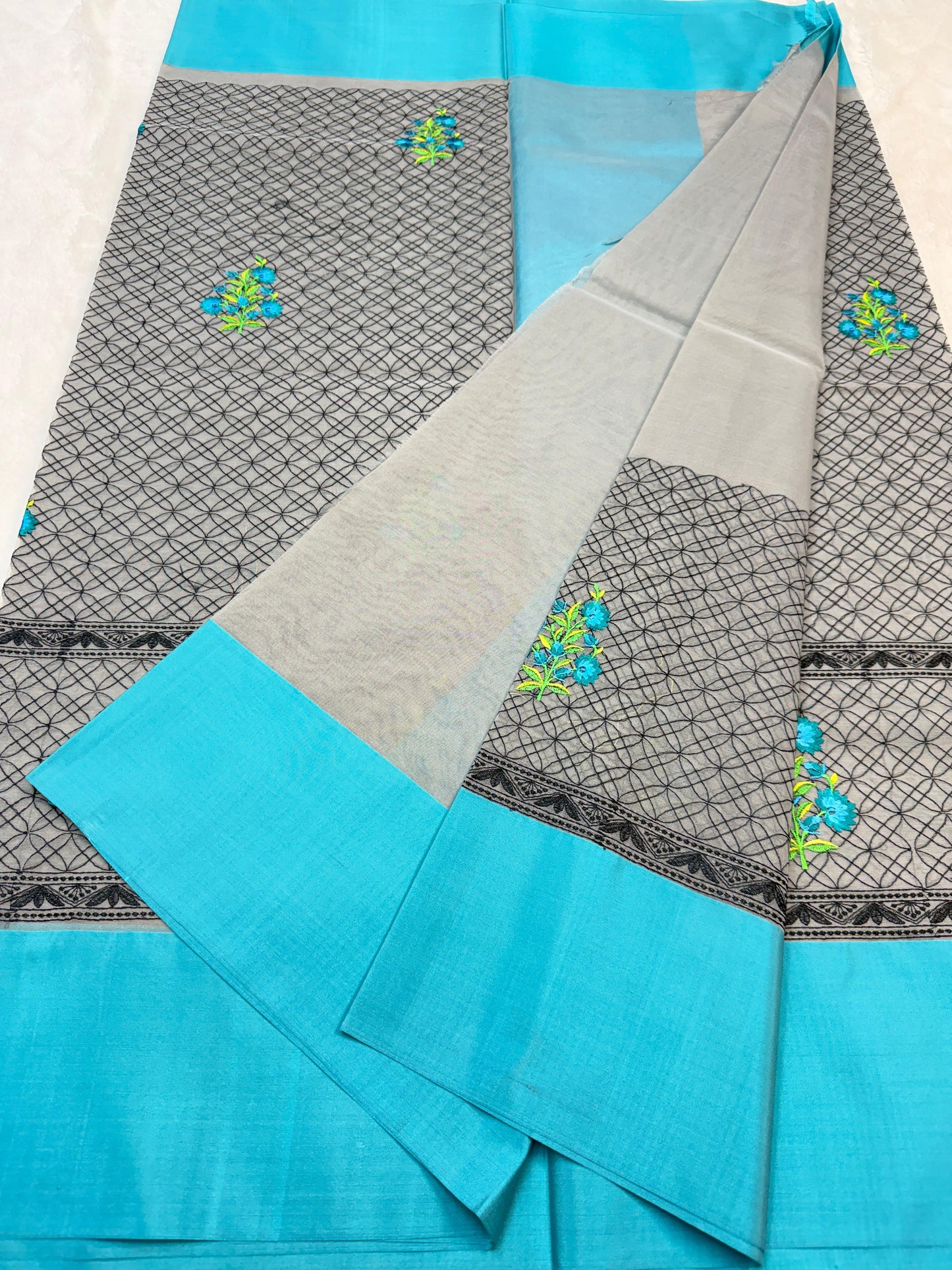 Gray & Blue Shade Kora Organza Embroidery Banarasi Saree