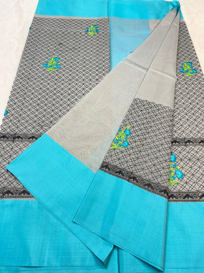 Gray & Blue Shade Kora Organza Embroidery Banarasi Saree