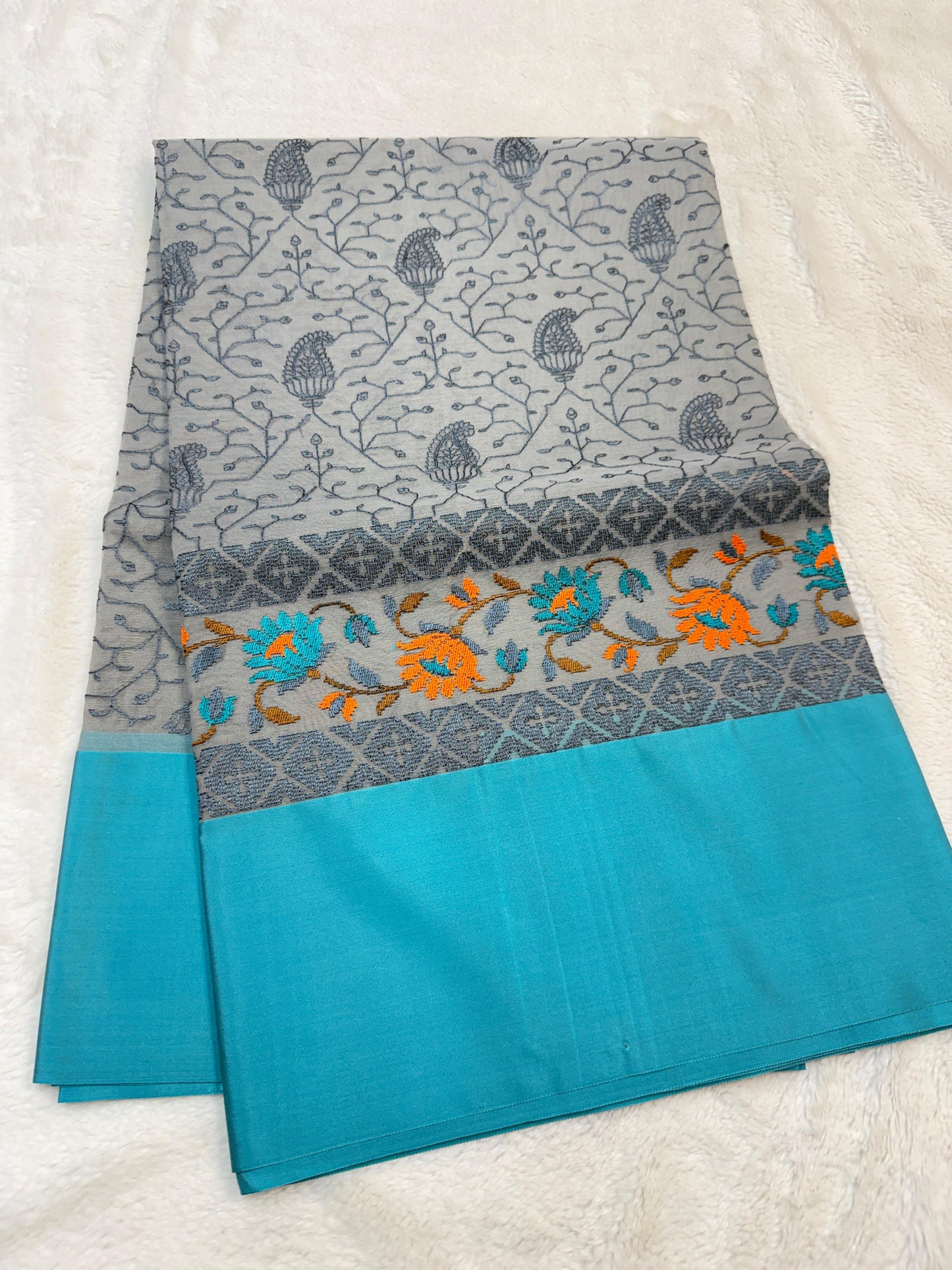Gray & Blue Shade Kora Organza Embroidery Banarasi Saree
