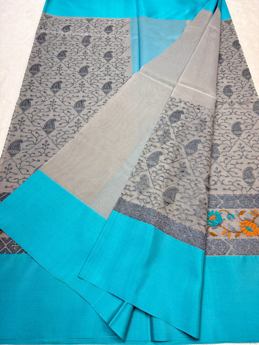 Gray & Blue Shade Kora Organza Embroidery Banarasi Saree