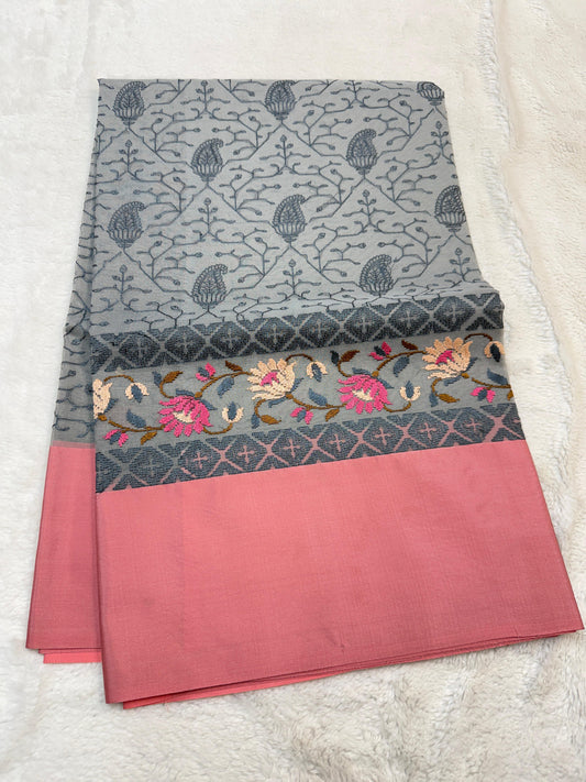 Gray & Pink Shade Kora Organza Embroidery Banarasi Saree