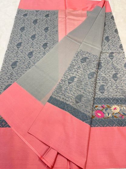 Gray & Pink Shade Kora Organza Embroidery Banarasi Saree