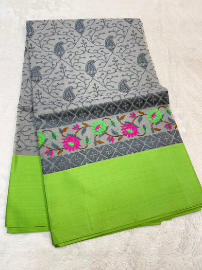 Gray & Green Shade Kora Organza Embroidery Banarasi Saree