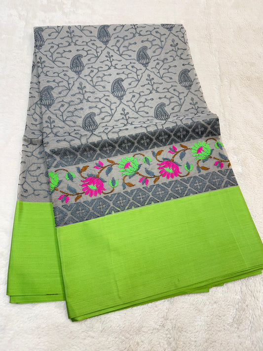 Gray & Green Shade Kora Organza Embroidery Banarasi Saree
