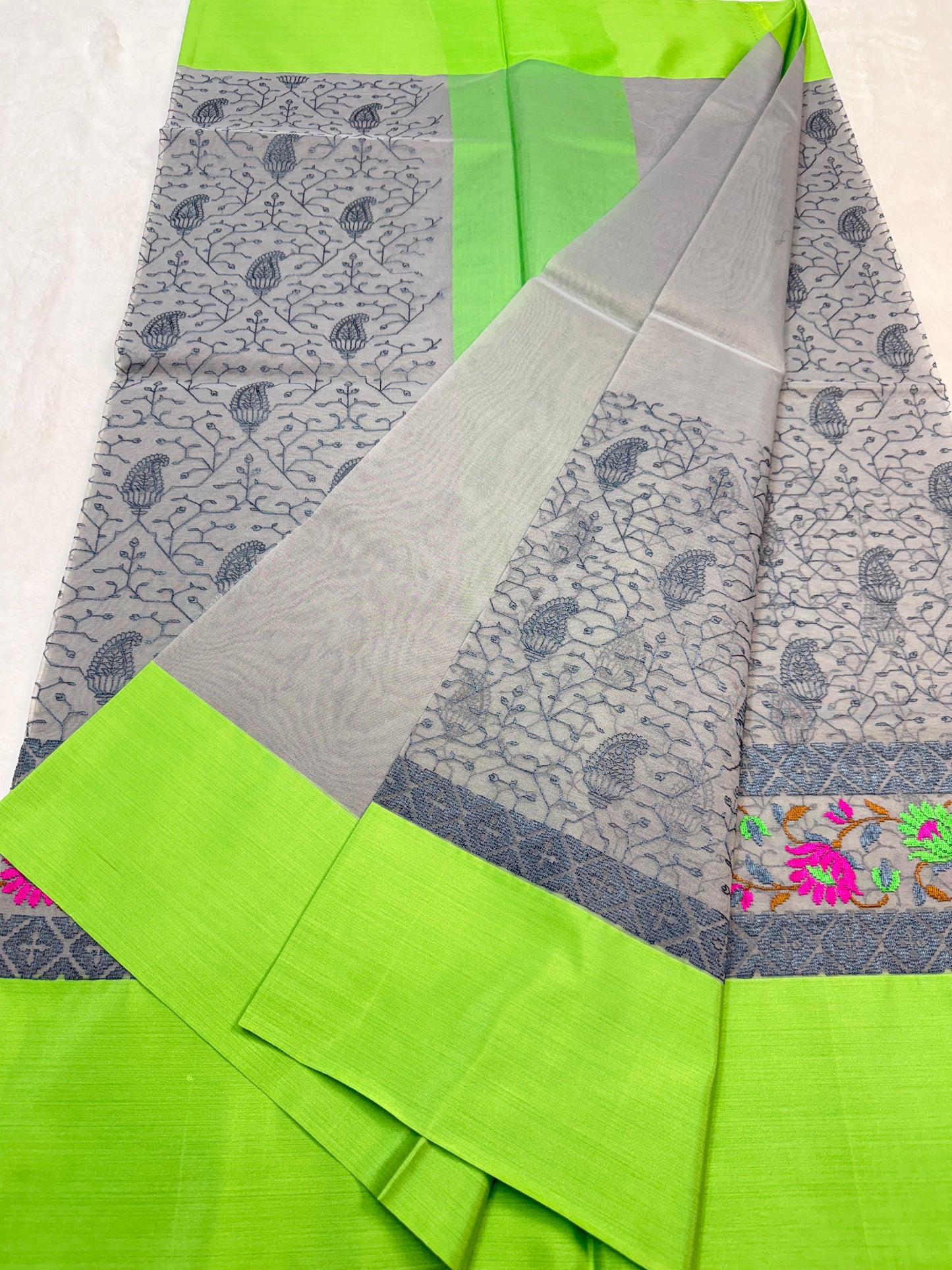 Gray & Green Shade Kora Organza Embroidery Banarasi Saree