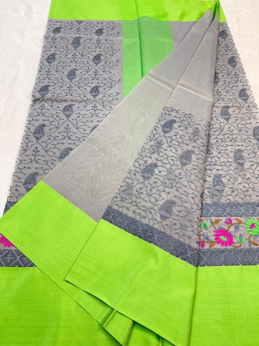 Gray & Green Shade Kora Organza Embroidery Banarasi Saree