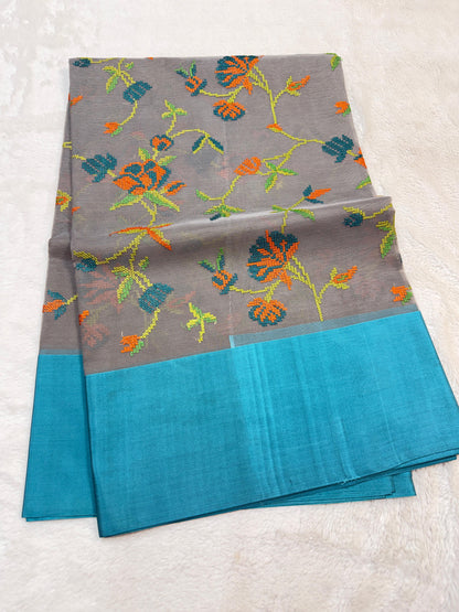 Gray & Blue Shade Kora Organza Embroidery Banarasi Saree