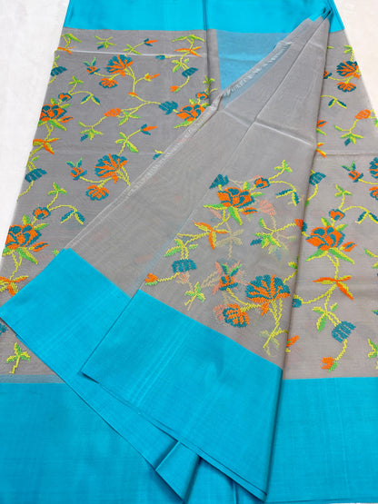 Gray & Blue Shade Kora Organza Embroidery Banarasi Saree
