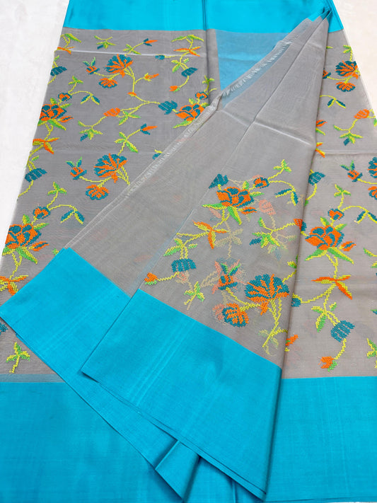 Gray & Blue Shade Kora Organza Embroidery Banarasi Saree