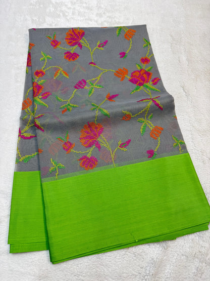 Gray & Green Shade Kora Organza Embroidery Banarasi Saree