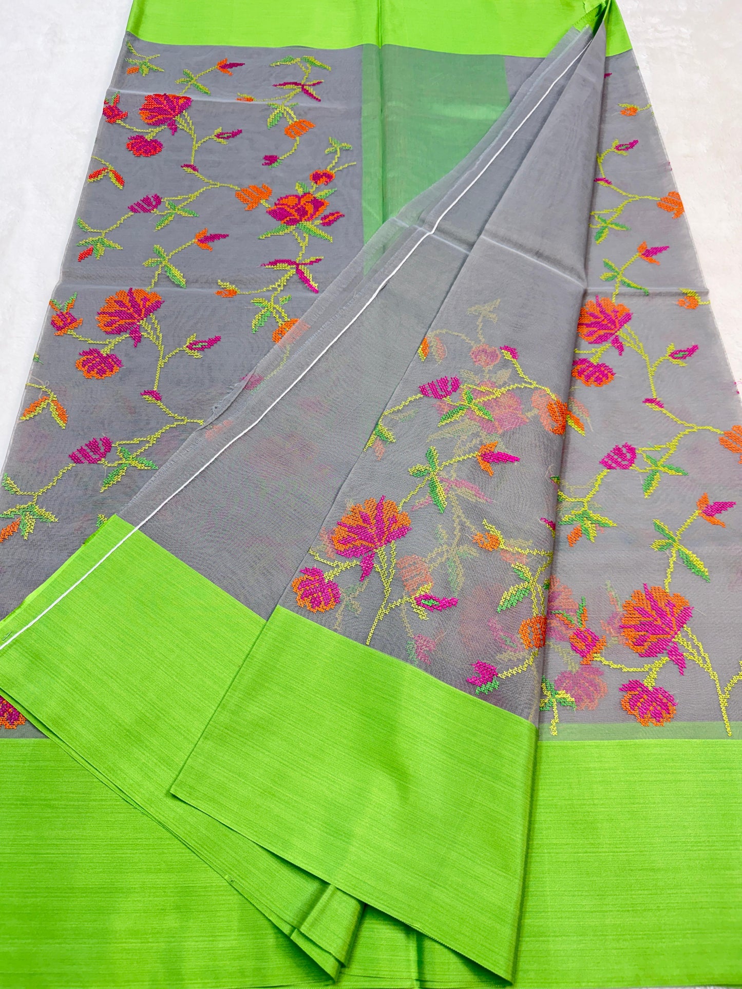 Gray & Green Shade Kora Organza Embroidery Banarasi Saree