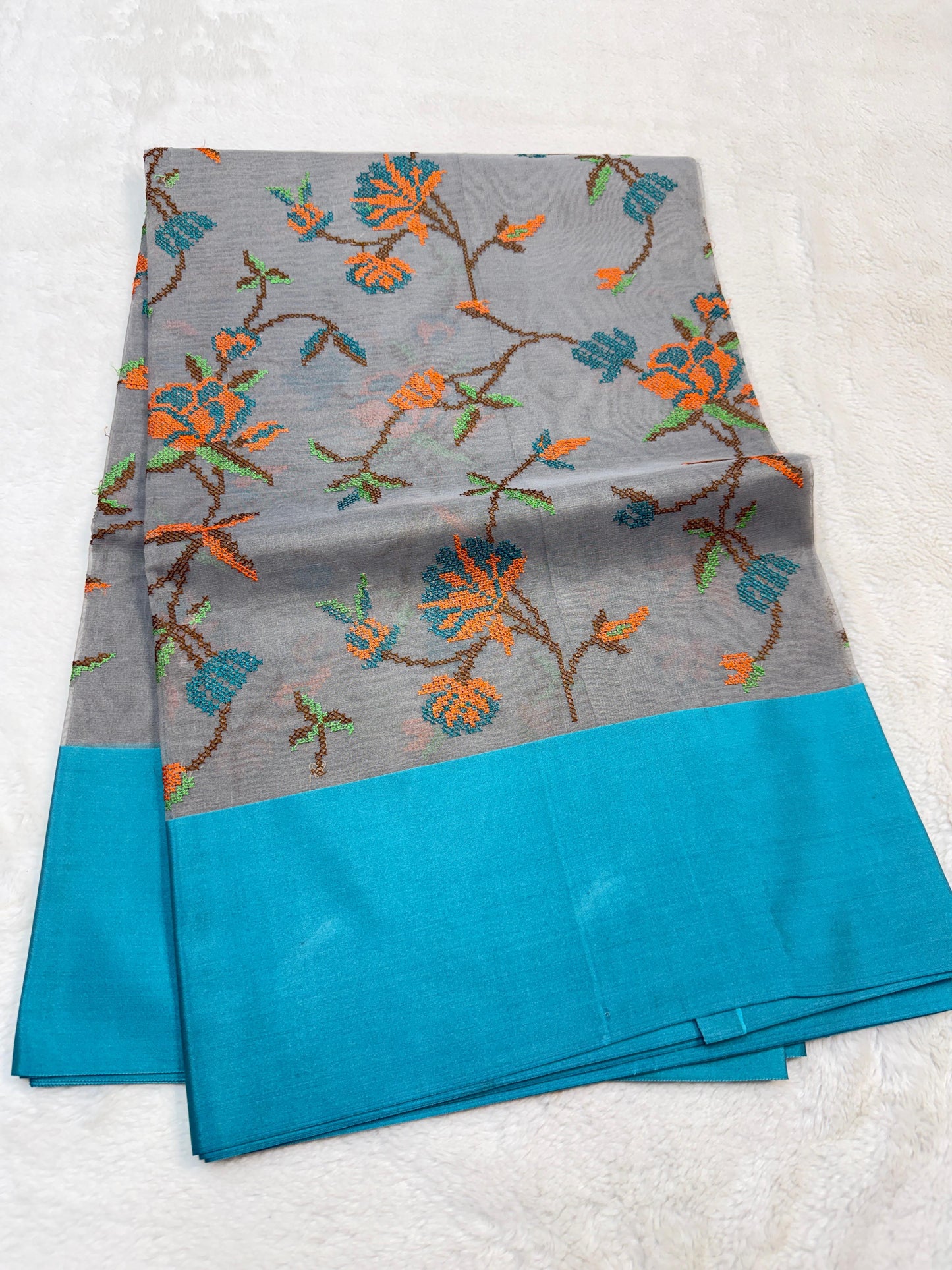 Gray & Blue Shade Kora Organza Embroidery Banarasi Saree