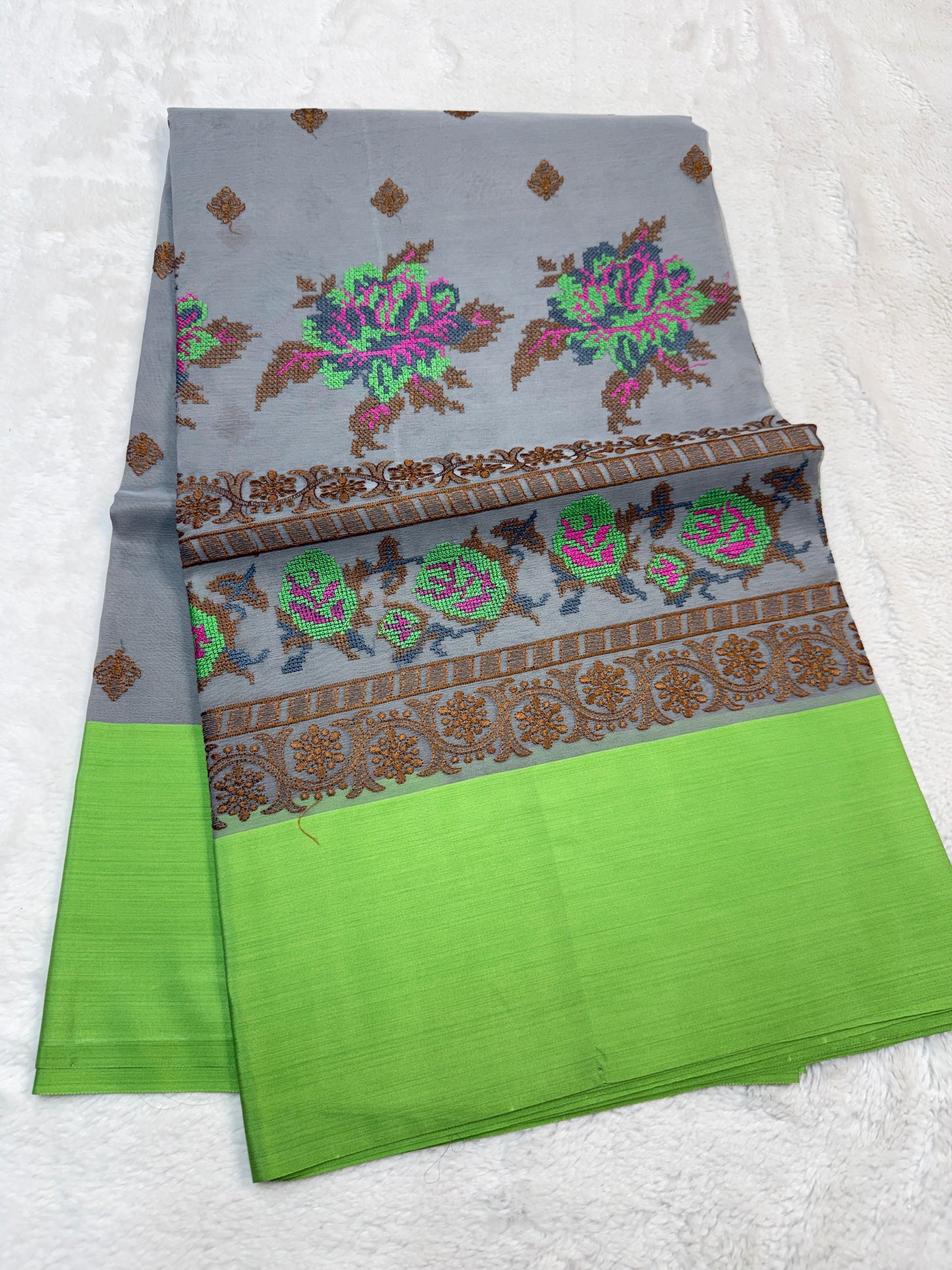 Gray & Green Shade Kora Organza Embroidery Banarasi Saree