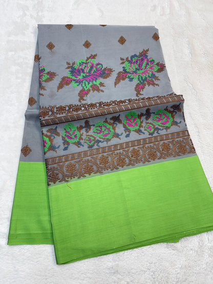 Gray & Green Shade Kora Organza Embroidery Banarasi Saree