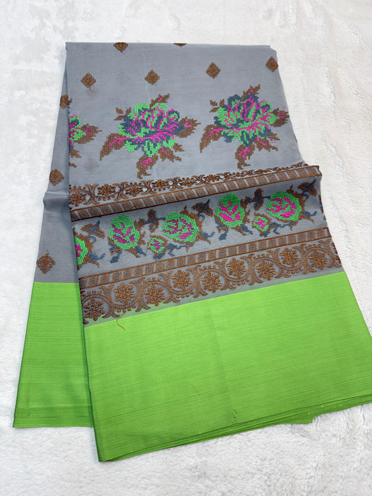 Gray & Green Shade Kora Organza Embroidery Banarasi Saree