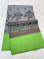 Gray & Green Shade Kora Organza Embroidery Banarasi Saree