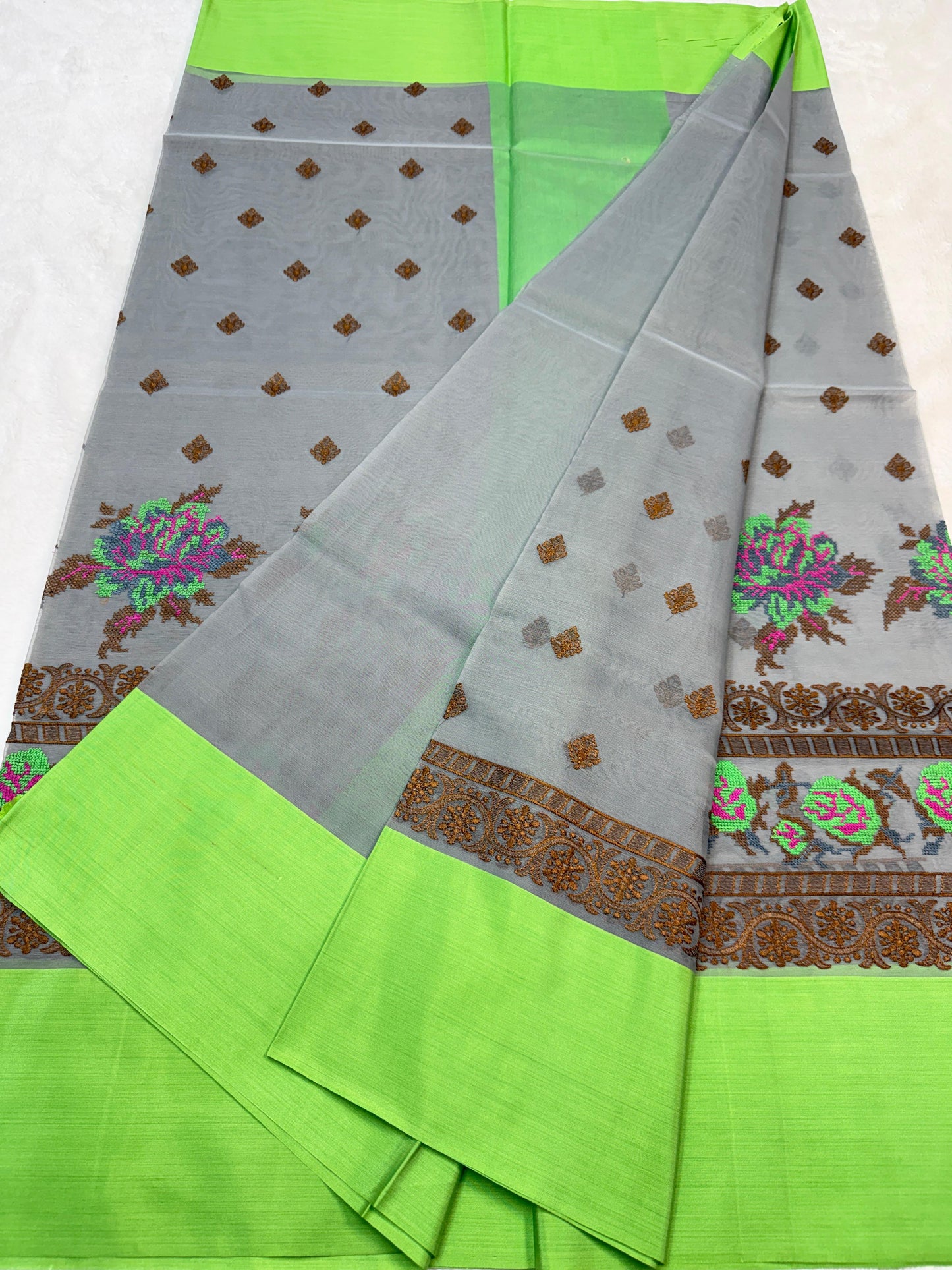 Gray & Green Shade Kora Organza Embroidery Banarasi Saree