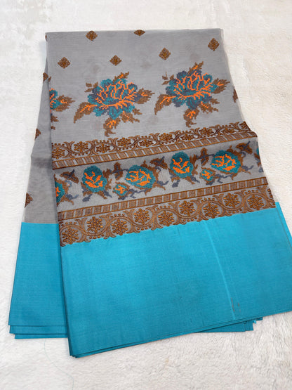 Gray & Blue Shade Kora Organza Embroidery Banarasi Saree