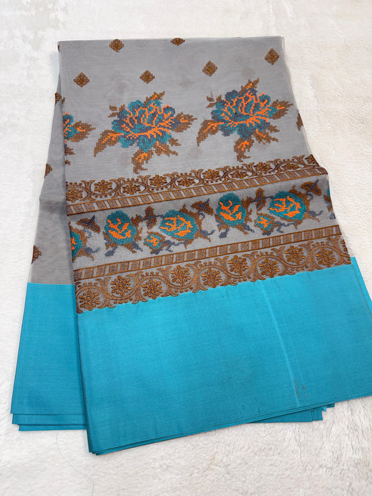 Gray & Blue Shade Kora Organza Embroidery Banarasi Saree