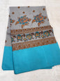 Gray & Blue Shade Kora Organza Embroidery Banarasi Saree