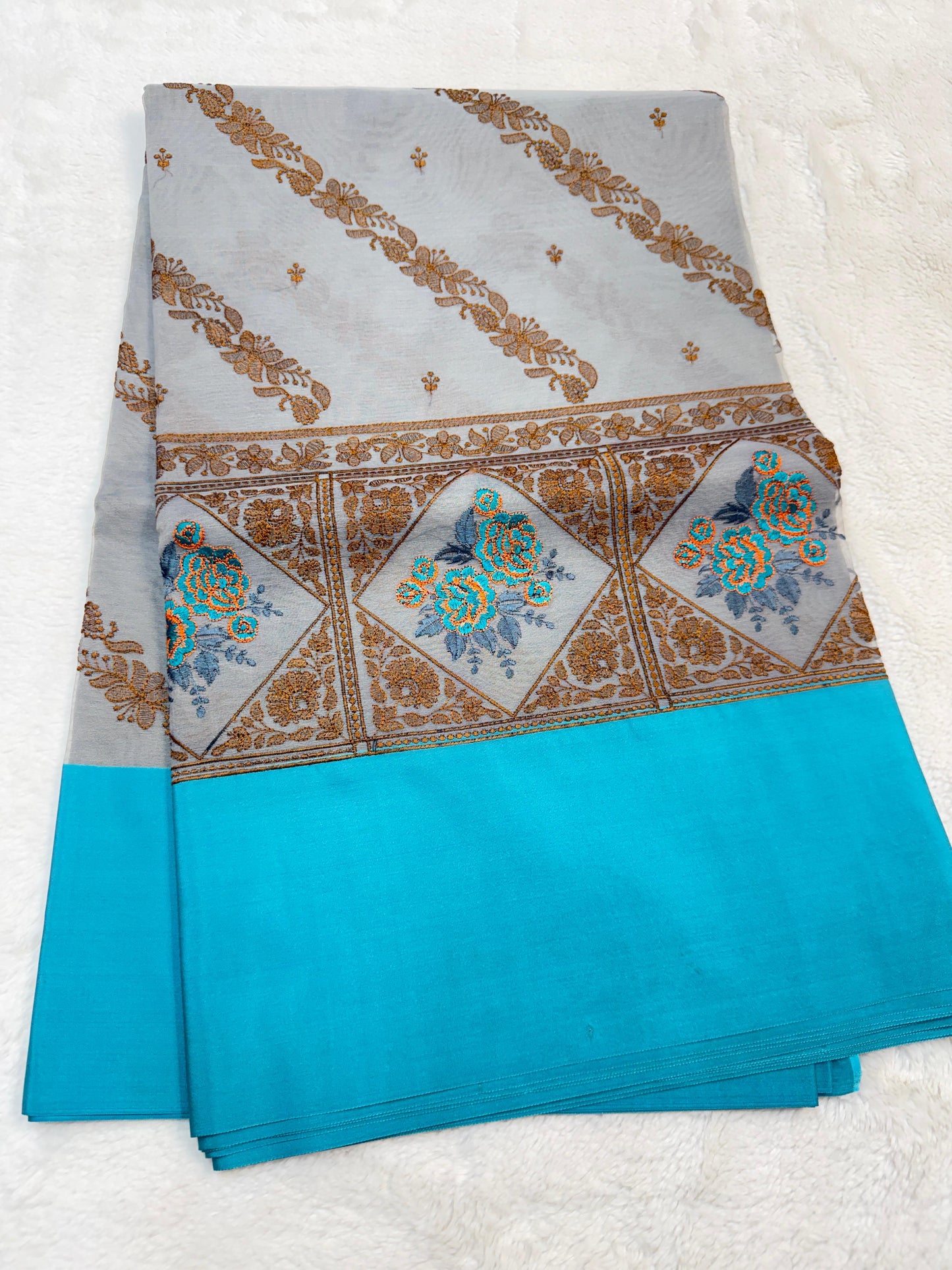 Gray & Blue Shade Kora Organza Embroidery Banarasi Saree
