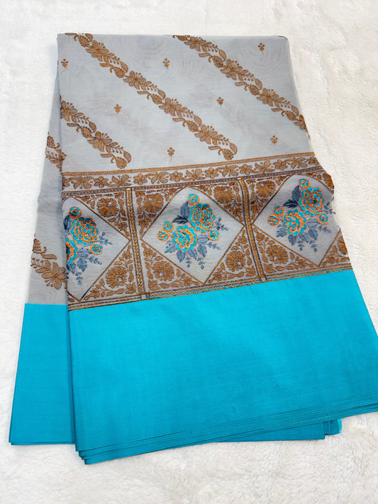 Gray & Blue Shade Kora Organza Embroidery Banarasi Saree