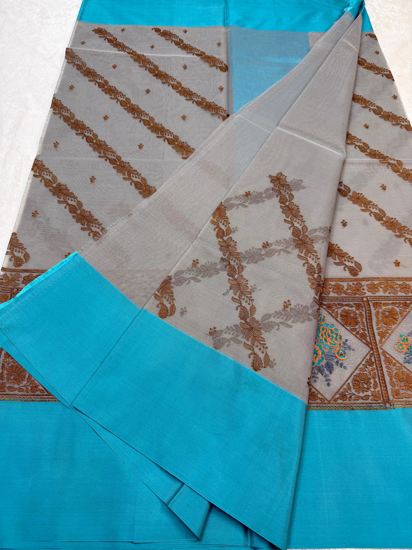Gray & Blue Shade Kora Organza Embroidery Banarasi Saree