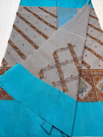 Gray & Blue Shade Kora Organza Embroidery Banarasi Saree
