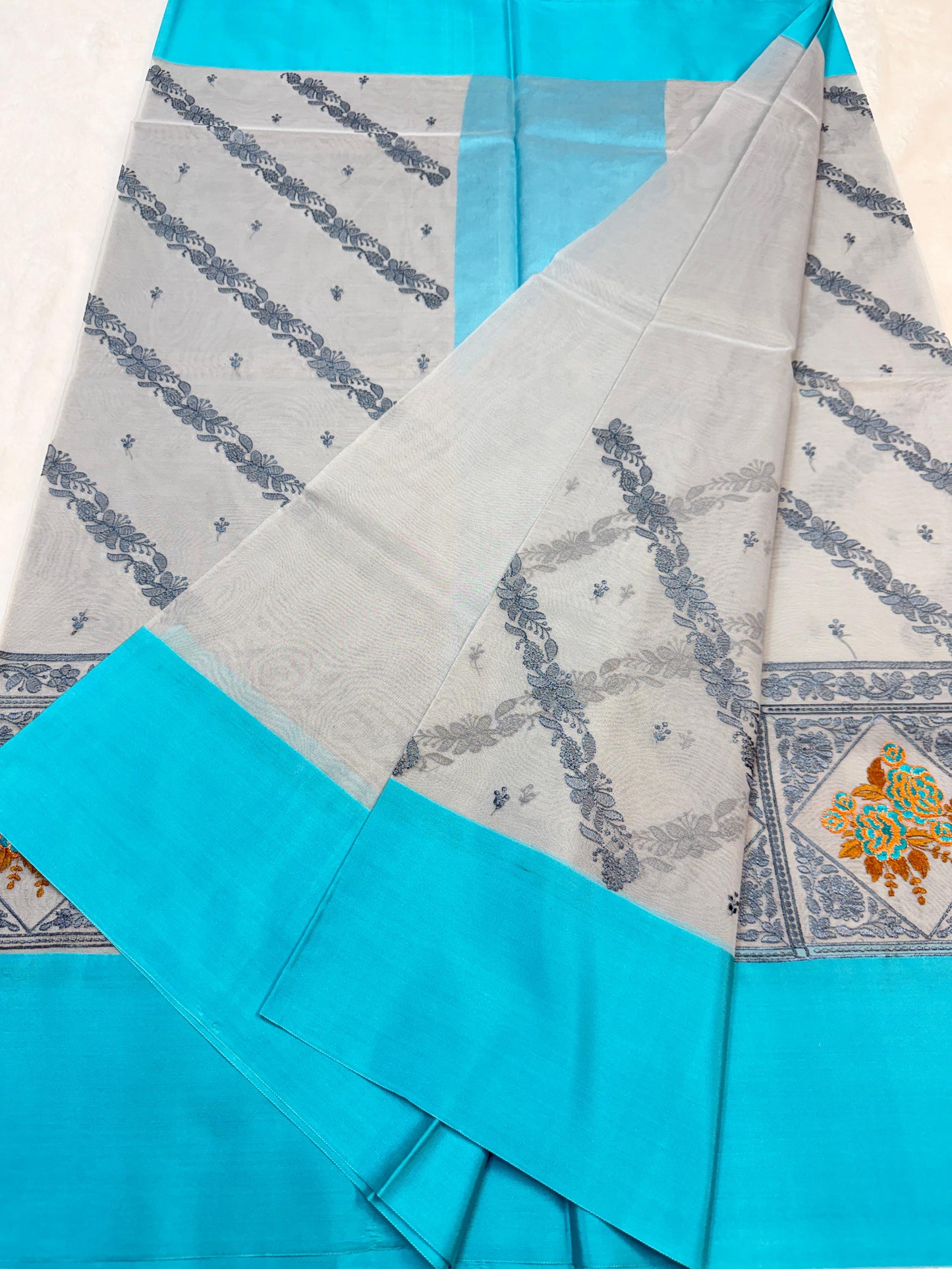 Gray & Blue Shade Kora Organza Embroidery Banarasi Saree