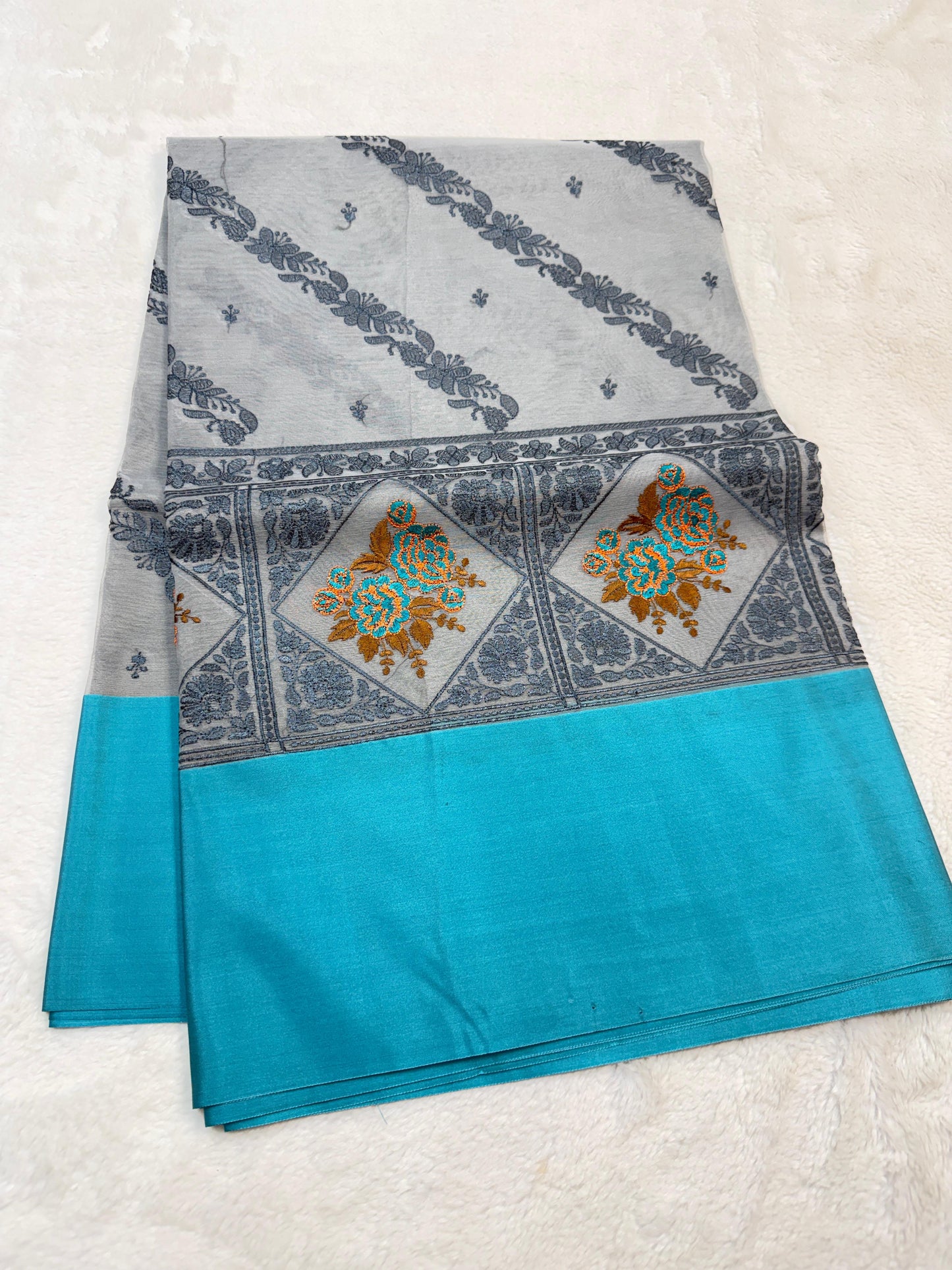 Gray & Blue Shade Kora Organza Embroidery Banarasi Saree