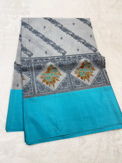 Gray & Blue Shade Kora Organza Embroidery Banarasi Saree