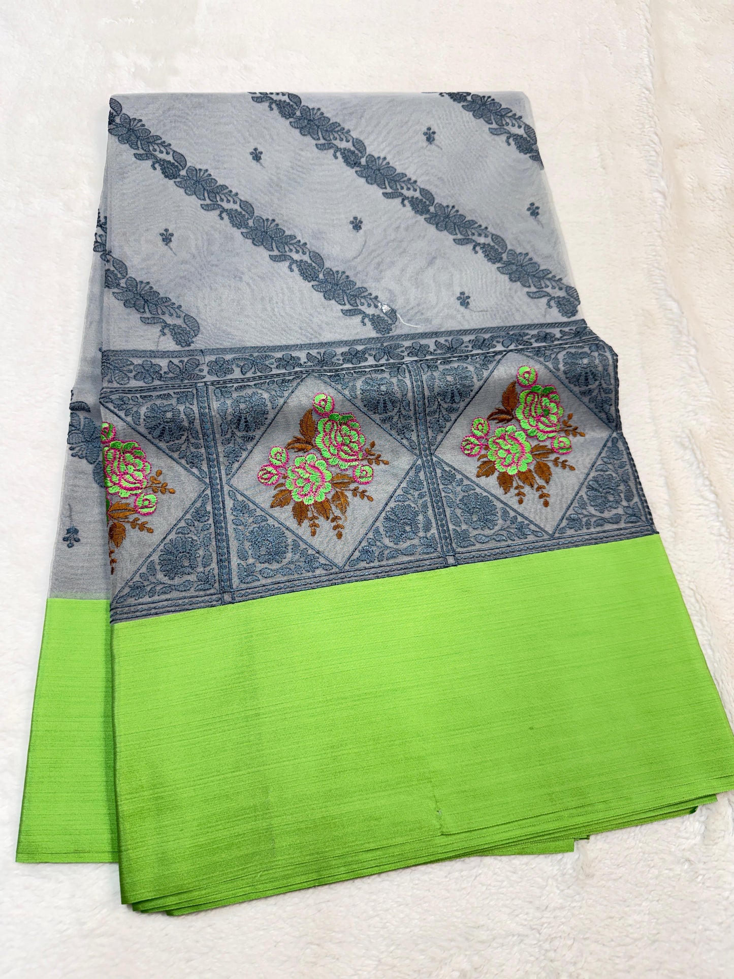 Gray & Green Shade Kora Organza Embroidery Banarasi Saree