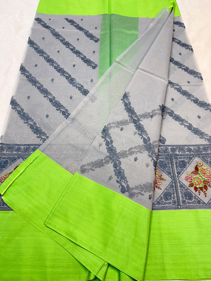 Gray & Green Shade Kora Organza Embroidery Banarasi Saree