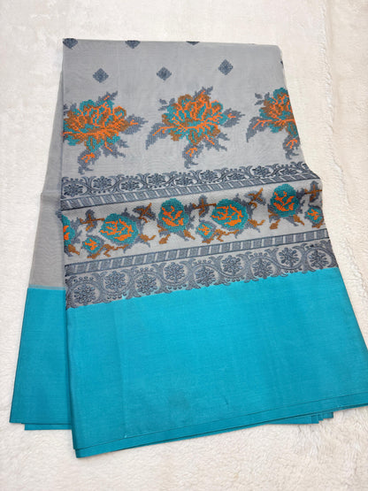 Gray & Blue Shade Kora Organza Embroidery Banarasi Saree