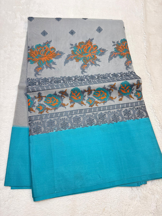 Gray & Blue Shade Kora Organza Embroidery Banarasi Saree