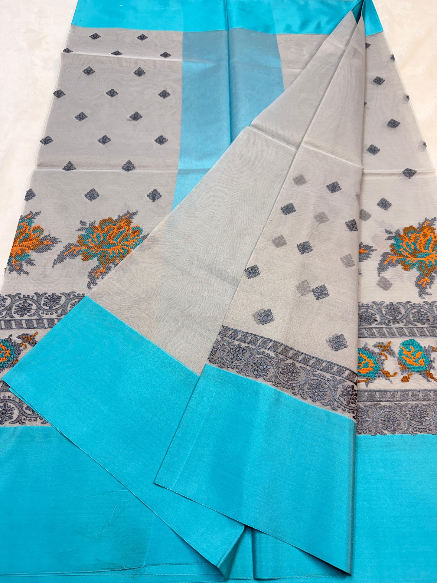 Gray & Blue Shade Kora Organza Embroidery Banarasi Saree