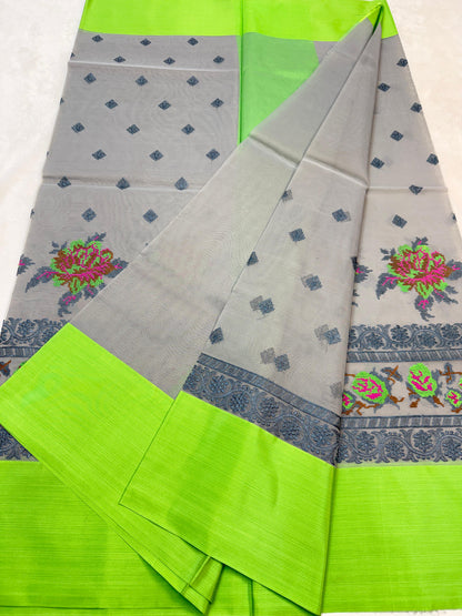 Gray & Green Shade Kora Organza Embroidery Banarasi Saree