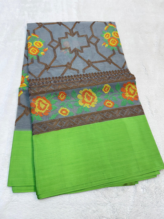 Gray & Green Shade Kora Organza Embroidery Banarasi Saree