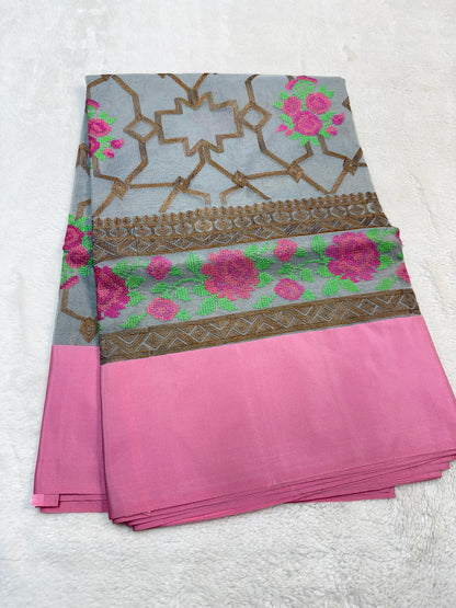 Gray & Pink Shade Kora Organza Embroidery Banarasi Saree