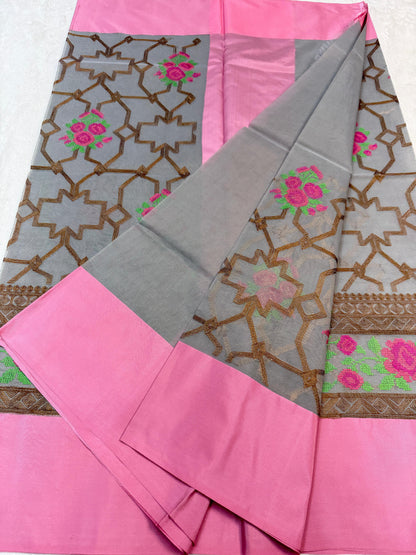 Gray & Pink Shade Kora Organza Embroidery Banarasi Saree