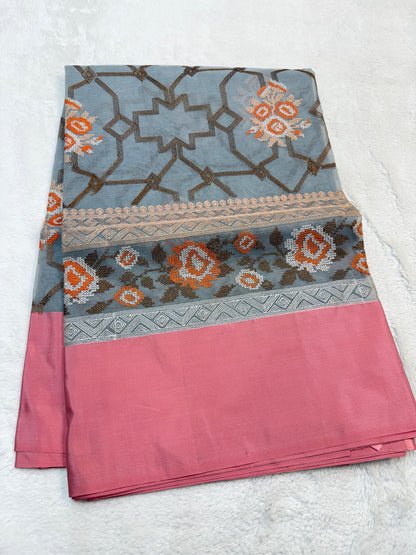 Gray & Pink Shade Kora Organza Embroidery Banarasi Saree