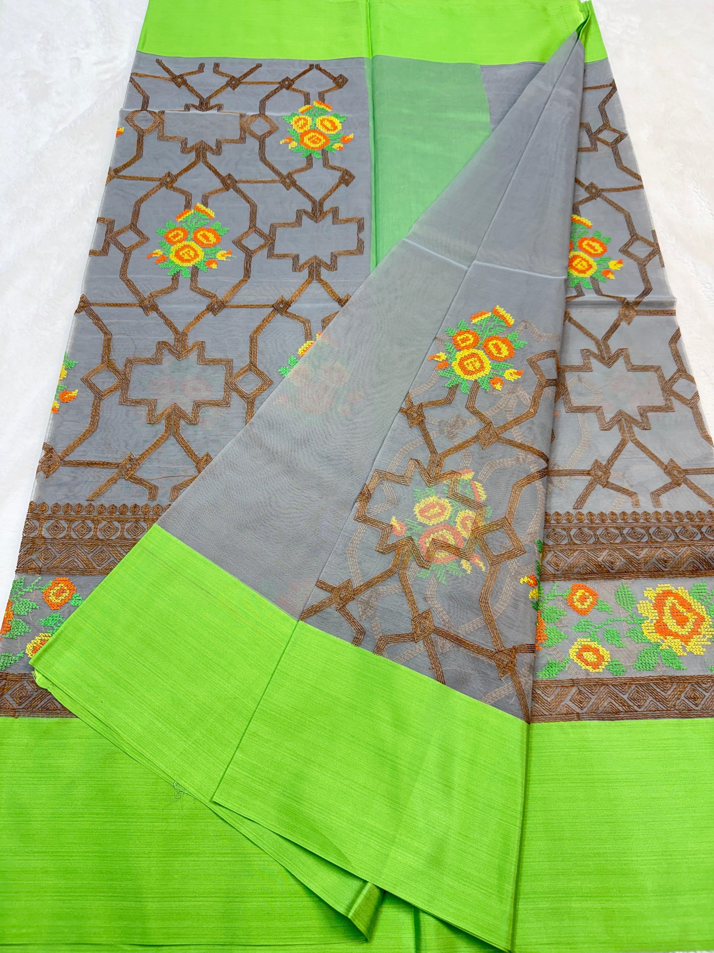 Gray & Green Shade Kora Organza Embroidery Banarasi Saree