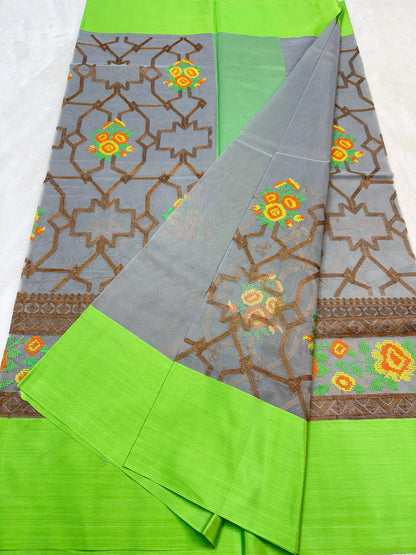 Gray & Green Shade Kora Organza Embroidery Banarasi Saree